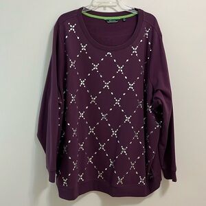 pullover crew neckline sweater plus size 3X purple front jeweled beaded soft